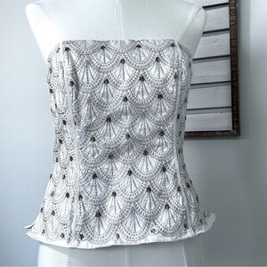 WHBM | Cream Ivory Embroidered Beaded Strapless Corset Bustier Art Deco Size 6